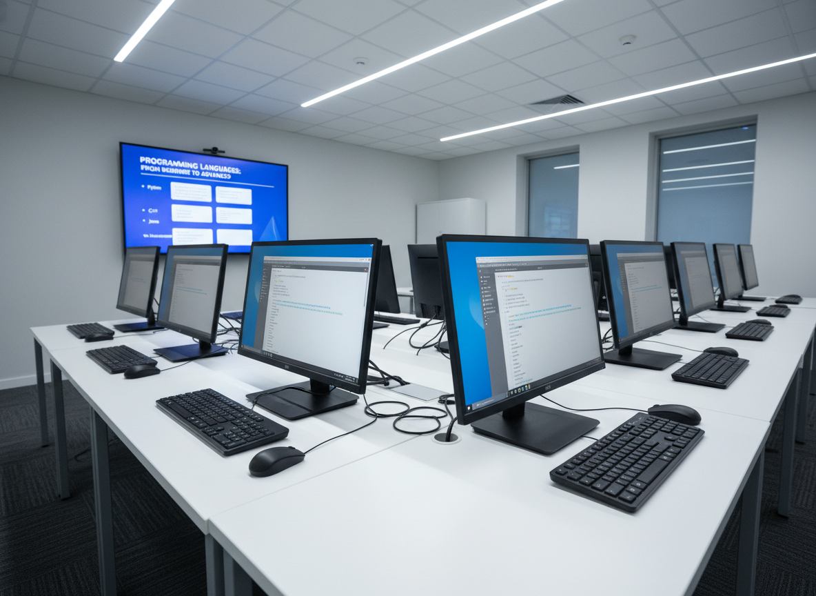 A modern computer training classroom with a row of sleek black desktop computers, each with a 24-inch monitor displaying a clean code editor and a blue-and-white interface. The machines are arranged on a glossy white table with neatly coiled cables and labeled keyboards. The room features a large wall-mounted screen at the front showing a structured course outline for programming languages. Cool, diffused LED ceiling lights create even, shadow-free illumination, reflecting softly off the monitors. The atmosphere feels focused and professional, with a minimalist layout and clean photographic realism. Captured at eye level with a wide-angle lens, the composition emphasizes depth and order, with sharp focus throughout and subtle blur on the far background.